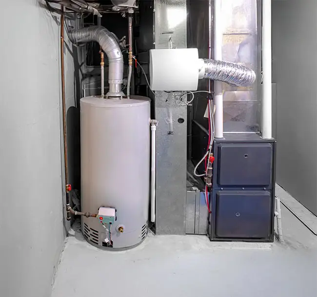 A home high efficiency furnace with a residential gas water heater and humidifier.