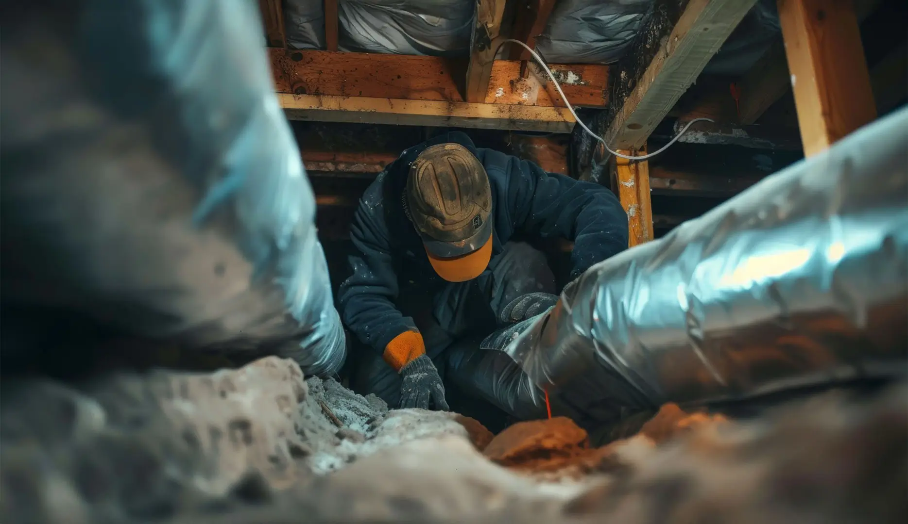 A technician works carefully in a crawl space, inspecting ductwork and ensuring proper insulation for optimal home efficiency.