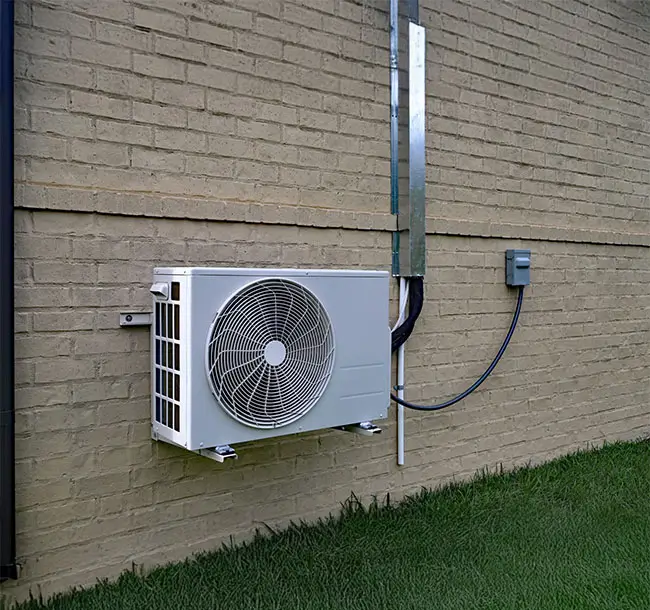 Air Conditioner mini split system next to home with brick wall.
