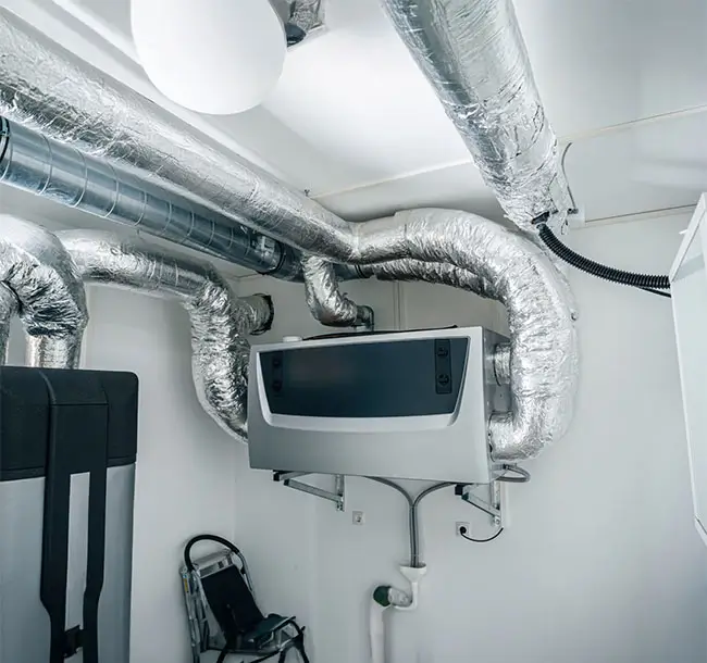 Contemporary home heating, ventilation, and air conditioning (HVAC) system with modern control unit.