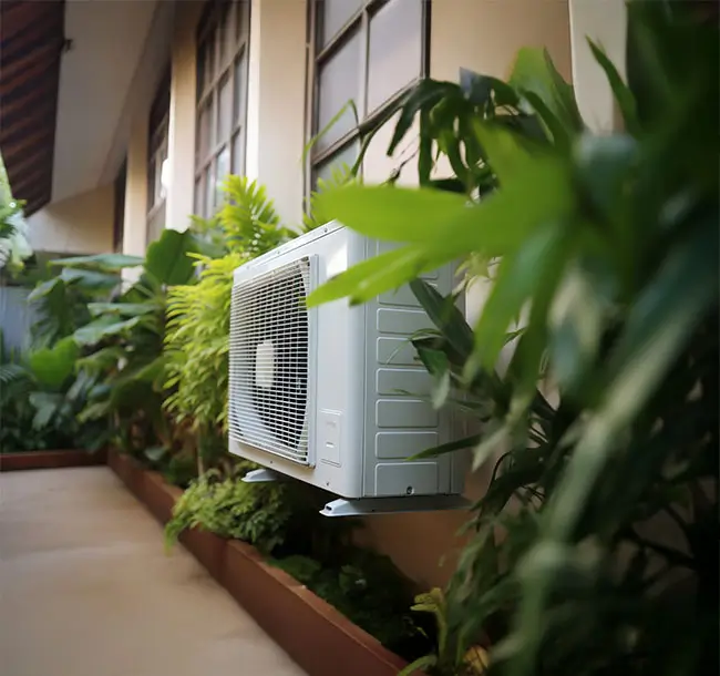 Detailed view of ductless mini split air conditioner unit in a garden outdoor setting.
