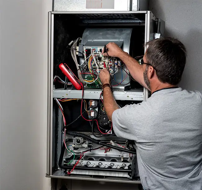 Mechanic works on a home furnace with volt meter.
