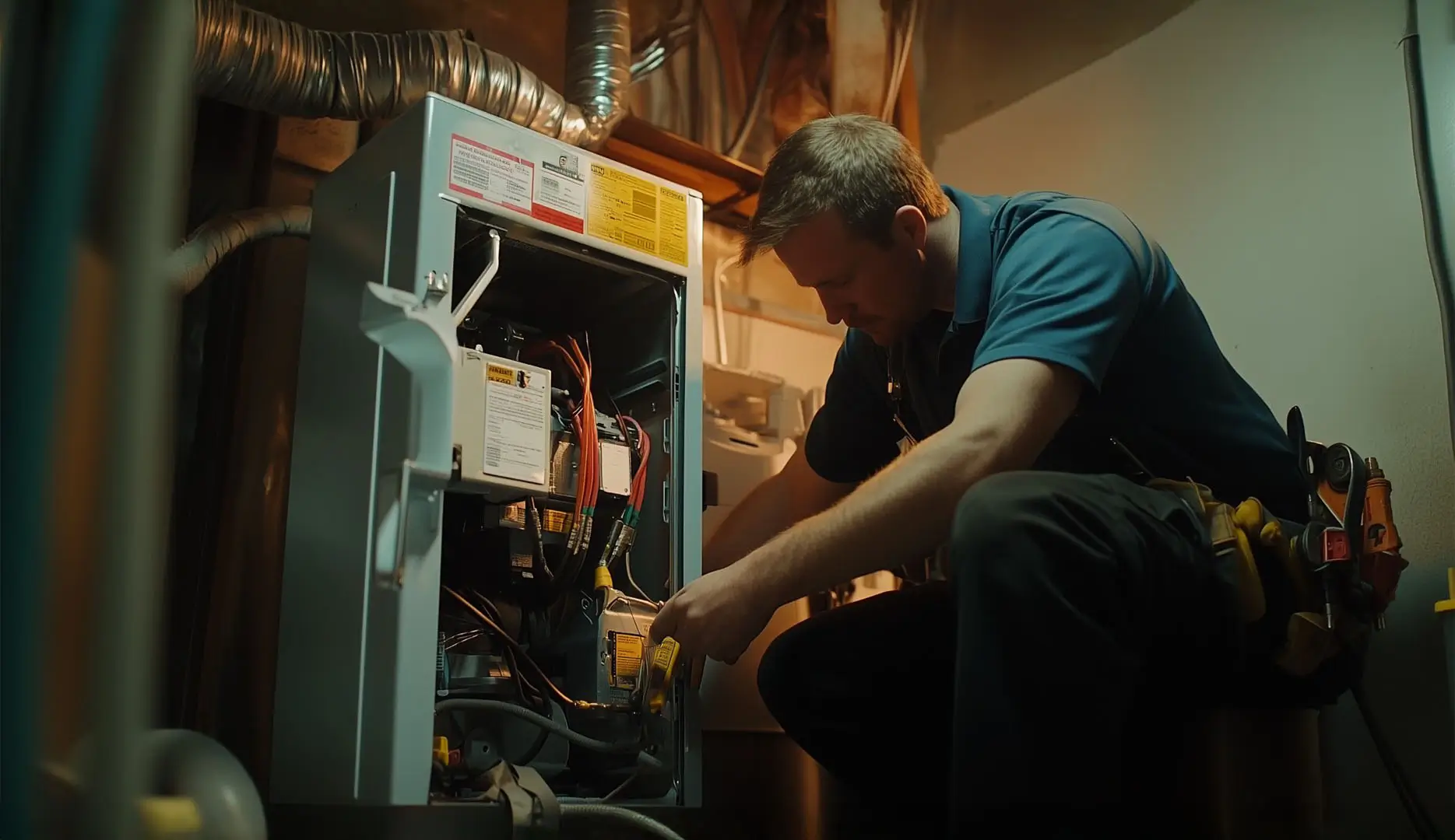 Heating Technician Inspecting Furnace in a Home.