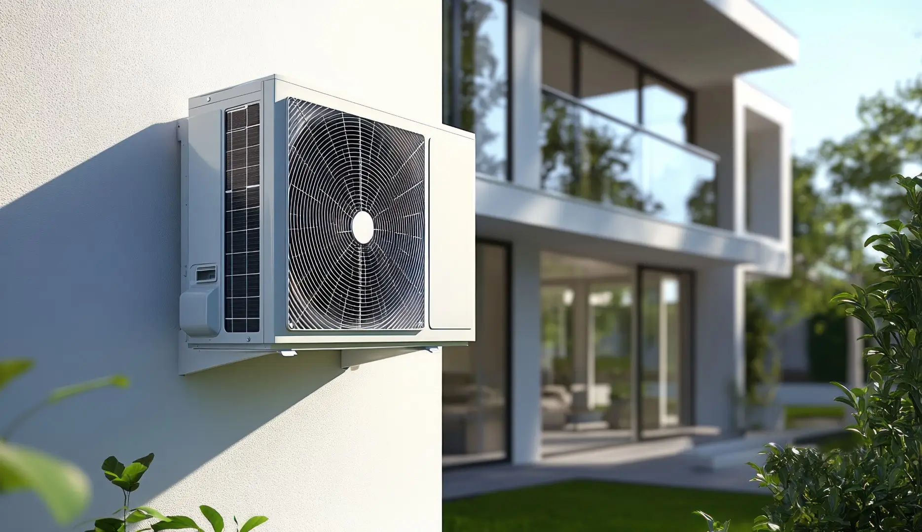 Modern air conditioning unit on a luxurious home exterior.