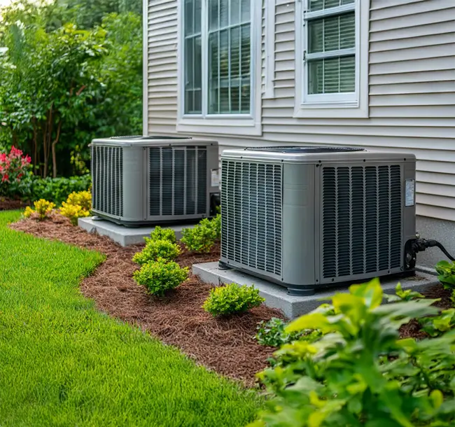 Condenser or compressor unit located outside a home or residential building. Part of a central air conditioning (AC) or heating, ventilation, and air conditioning (HVAC) system.