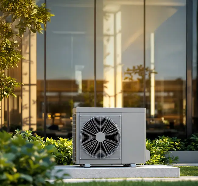 Air source heat pump installation representing clean energy for a home.