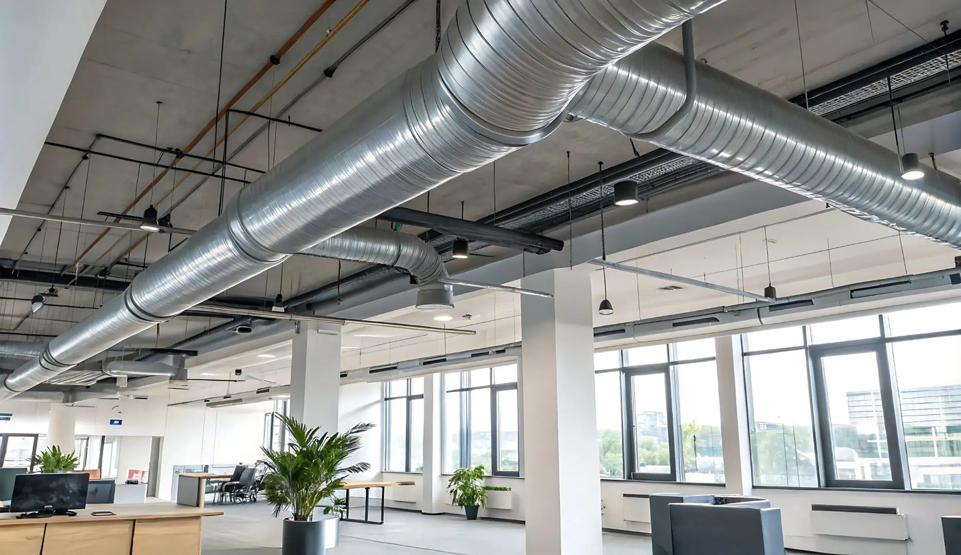 Office air conditioning ventilation ductwork in office space.