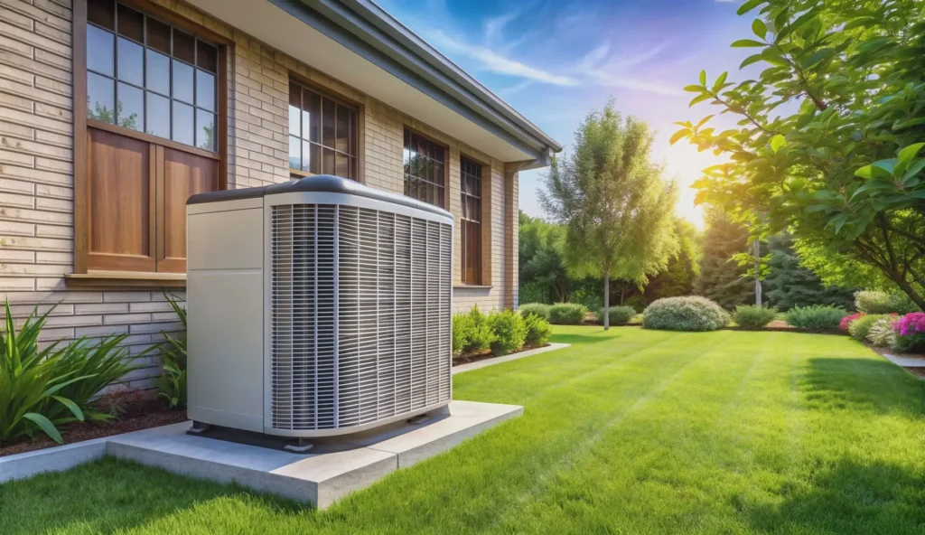 Outdoor air conditioning and heat pump unit in a residential setting, outdoor, air conditioning, heat pump.