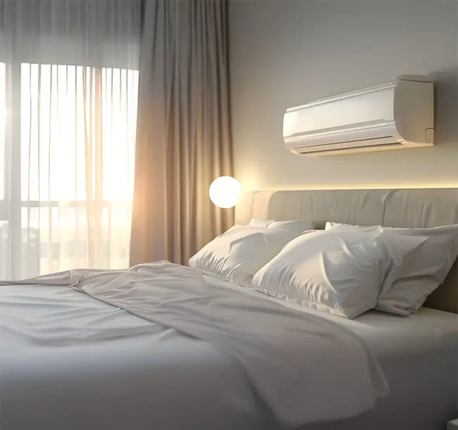 Sleek Mini Split Heat Pump Unit Installed Above Bed Headboard in Bright, Modern Bedroom.
