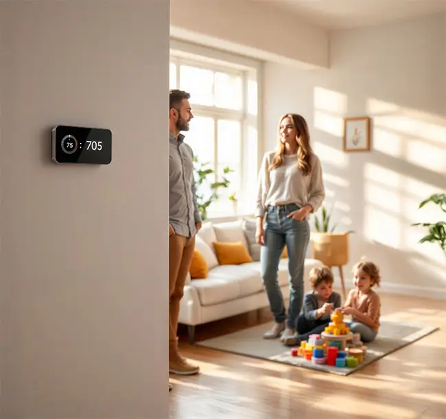 Smart Home Family Time. Parents and children gather in a modern living room with smart thermostat display showing.