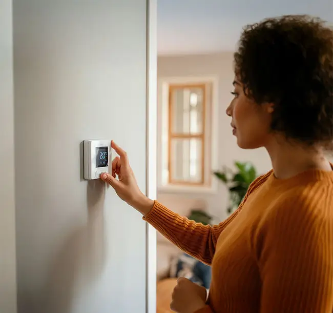 Woman controls a home thermostat.