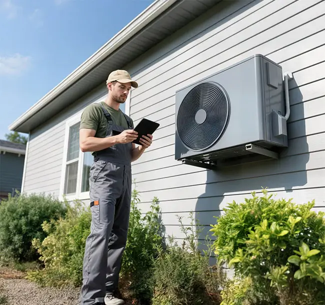 HVAC technician working outside a residential home concept a mini split air conditioning system.