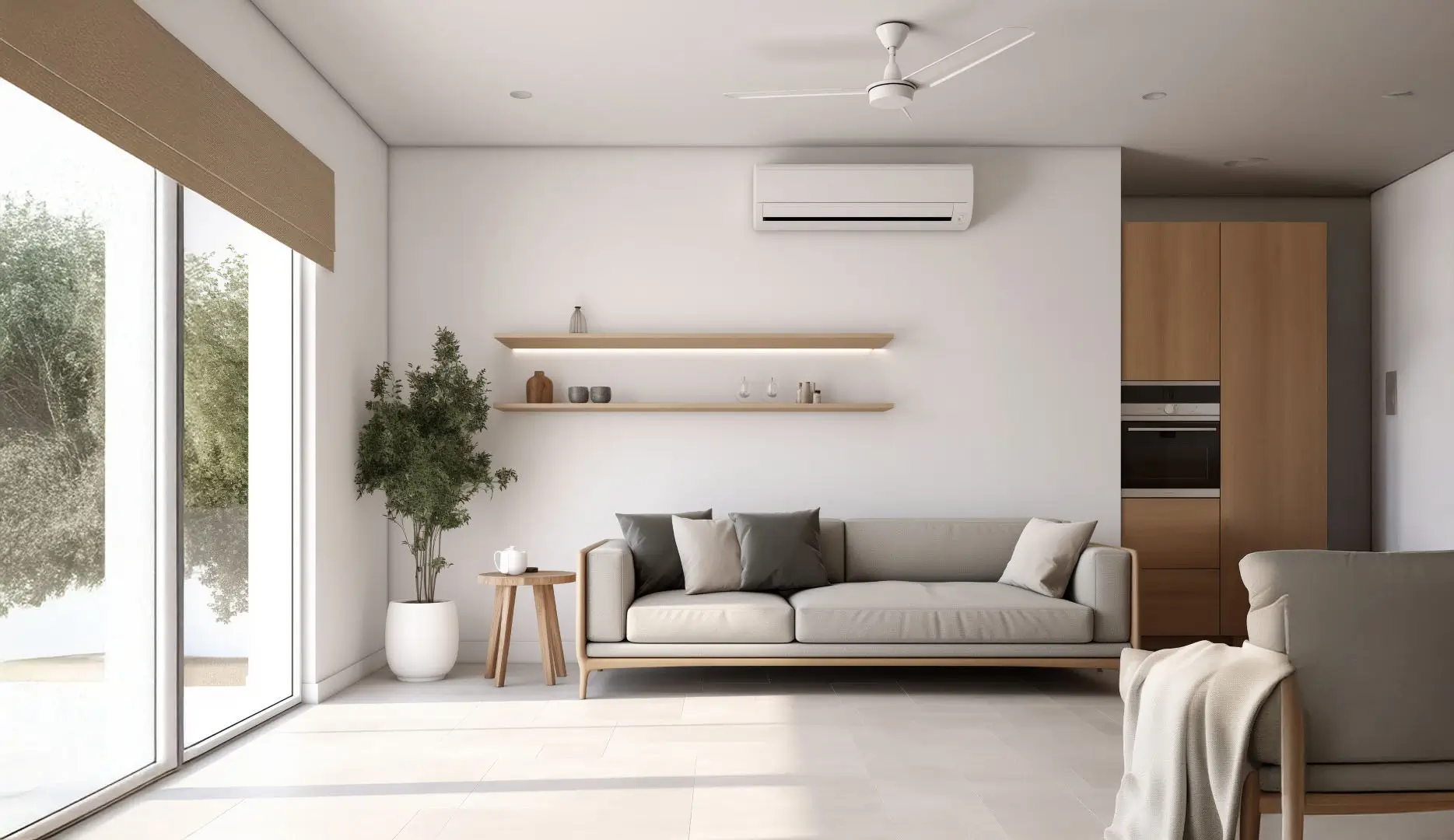 Neutral living room or sitting room space with bright natural light and mini split eco system.
