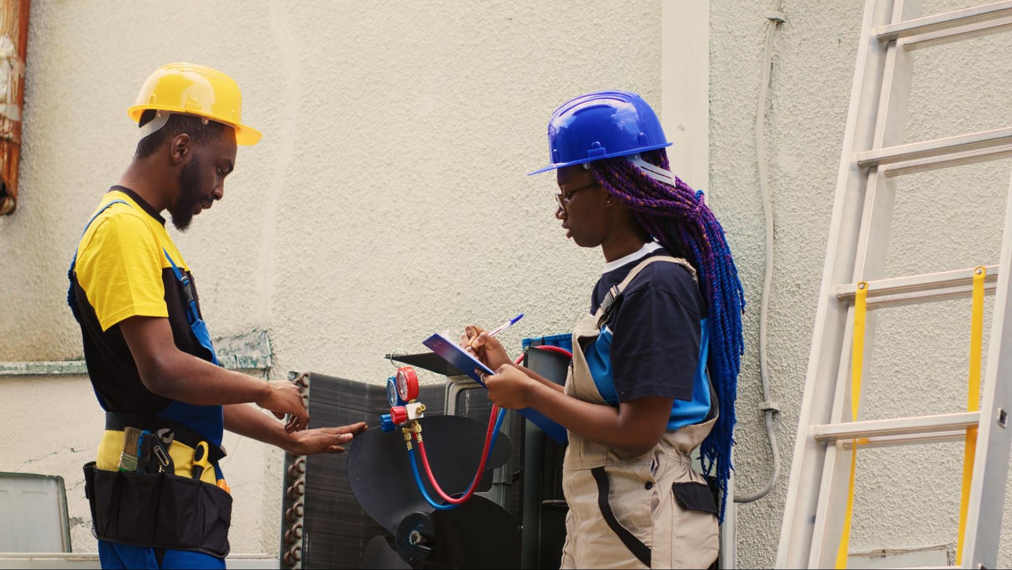 HVAC technicians performing a refrigerant leak check on an air conditioning system using gauges and leak detection tools.
