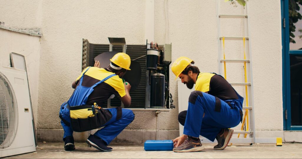Two mechanics open and work on a rusty air conditioner.