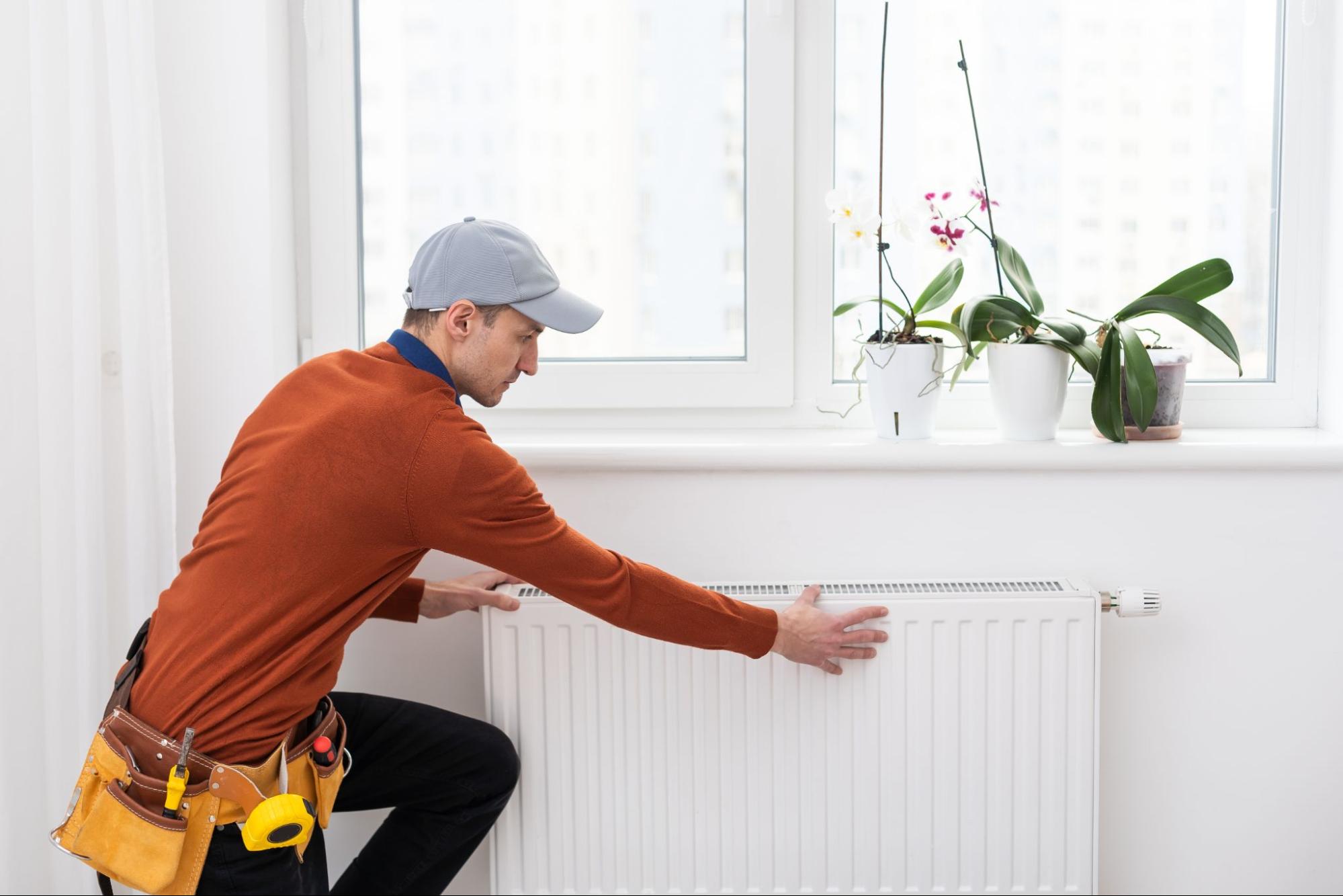 A technician installs a new heating system into an apartment.