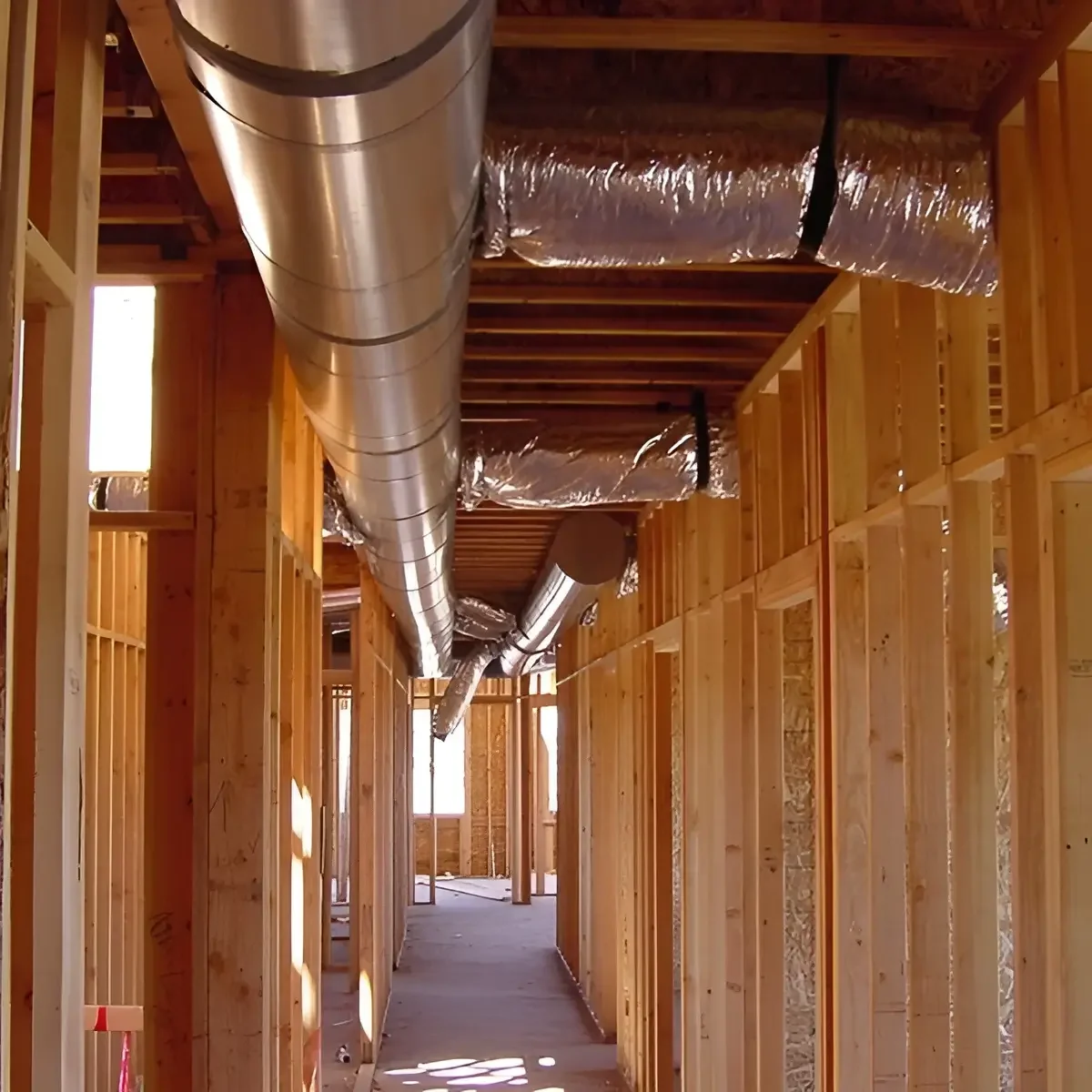 New home construction with wooden framing and ductwork that weaves through each plank.